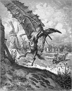 Don Chisciotte che lotta contro i mulini a vento nel disegno di Gustave Doré