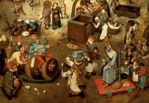 Dettaglio dell'opera di Bruegel, la Quaresima é magra, il Carnevale grasso.